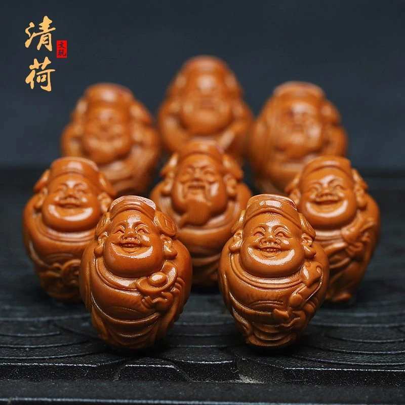 苏工橄榄核雕八方来财文玩手串手工雕刻喜乐财神爷小籽文玩手把件