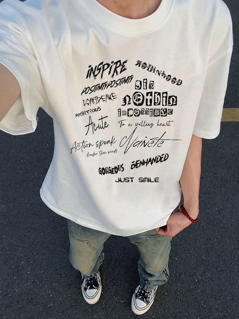 潮流美式字母印纯棉短袖重磅T恤男宽松半袖圆领上衣情侣休闲百搭