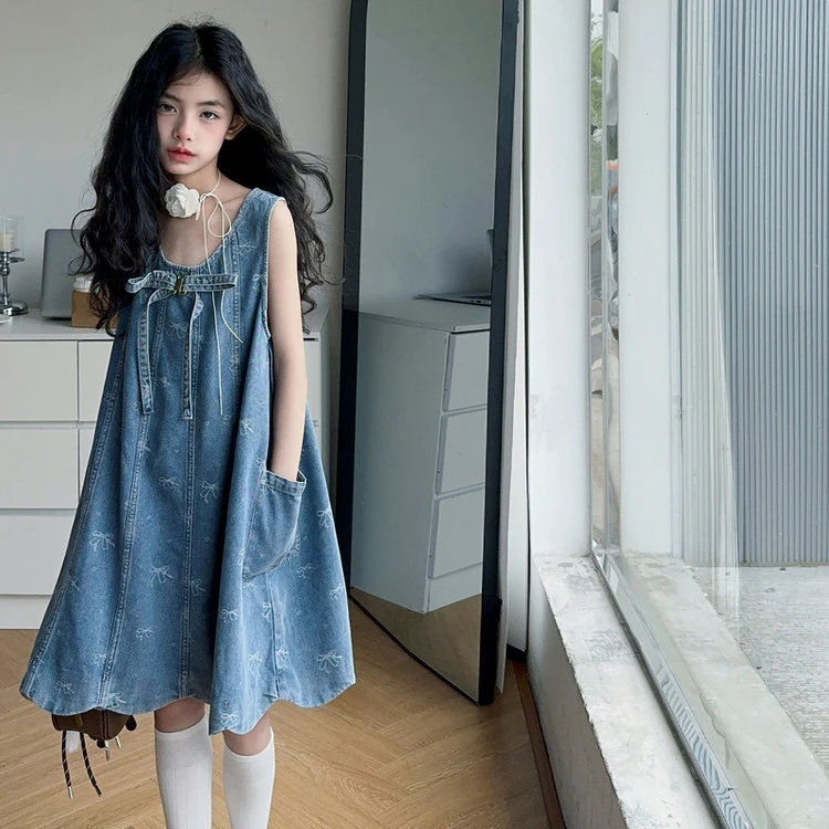 童装女童连衣裙2025夏款儿童牛仔背心裙中大童女孩蝴蝶结公主裙子