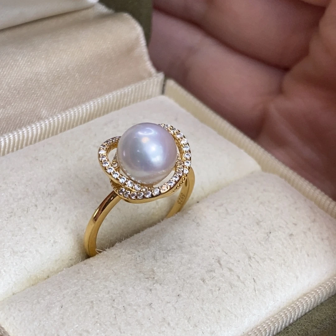 银S925镀金镶嵌戒指淡水珍珠特价微瑕