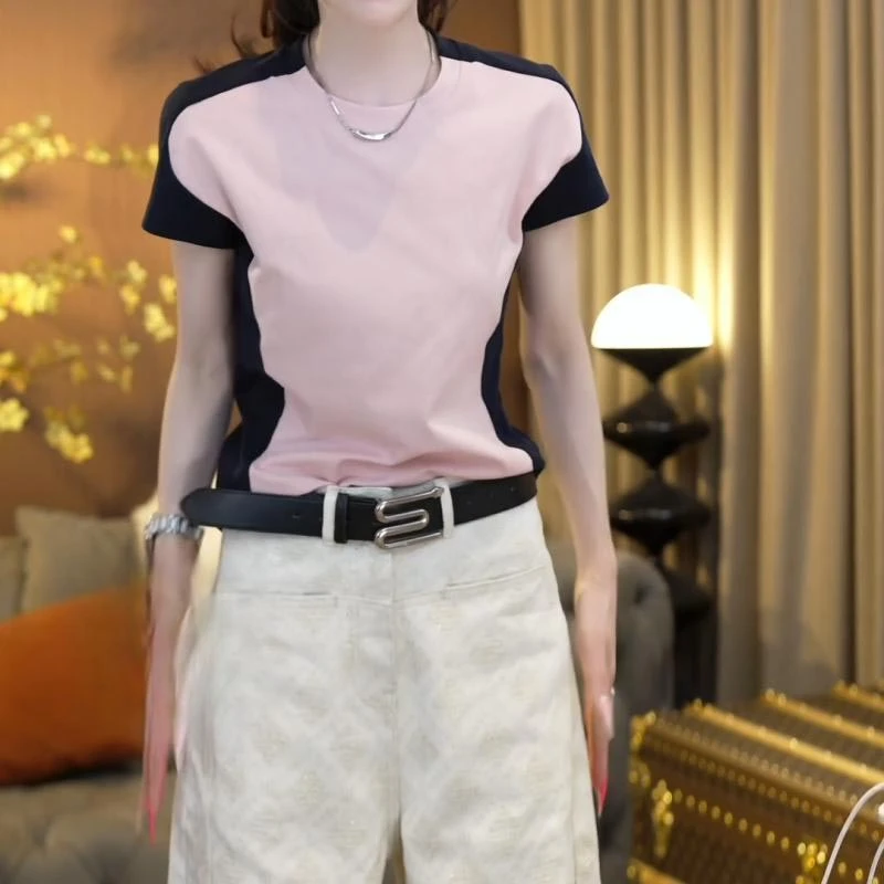2025夏季新款韩版腰线拼接宽松显瘦设计感短袖T恤女小众百搭上衣