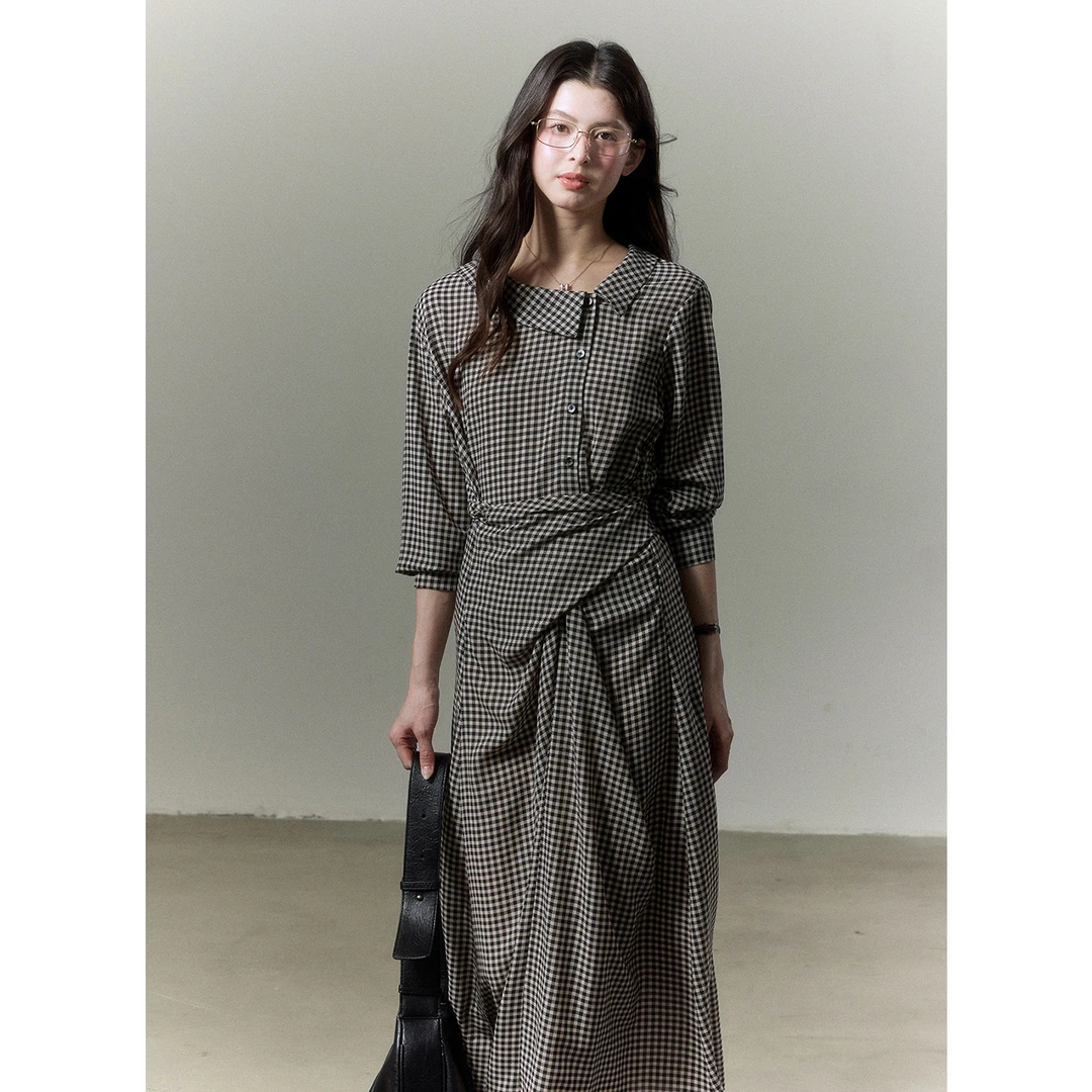 贰羊设计【矜慕】法式高知分子黑色格纹通勤连衣裙
