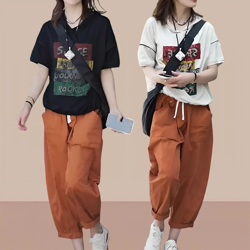 2025夏款休闲宽松休闲时尚洋气简约字母印花短袖T恤夏季女装套装