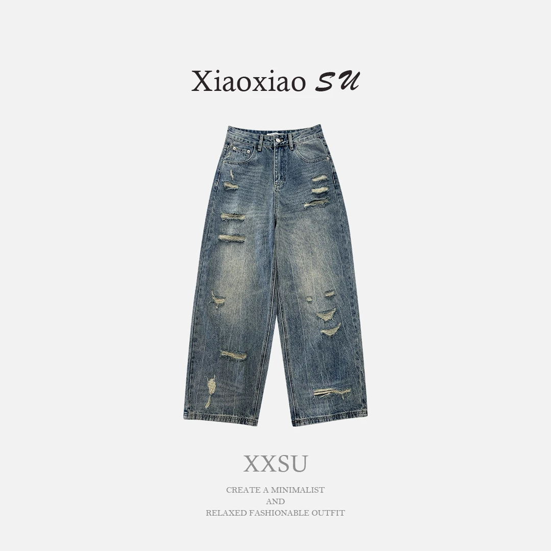 小小苏夏季破洞阔腿裤时尚牛仔裤潮流宽松百搭休闲;XDFT01