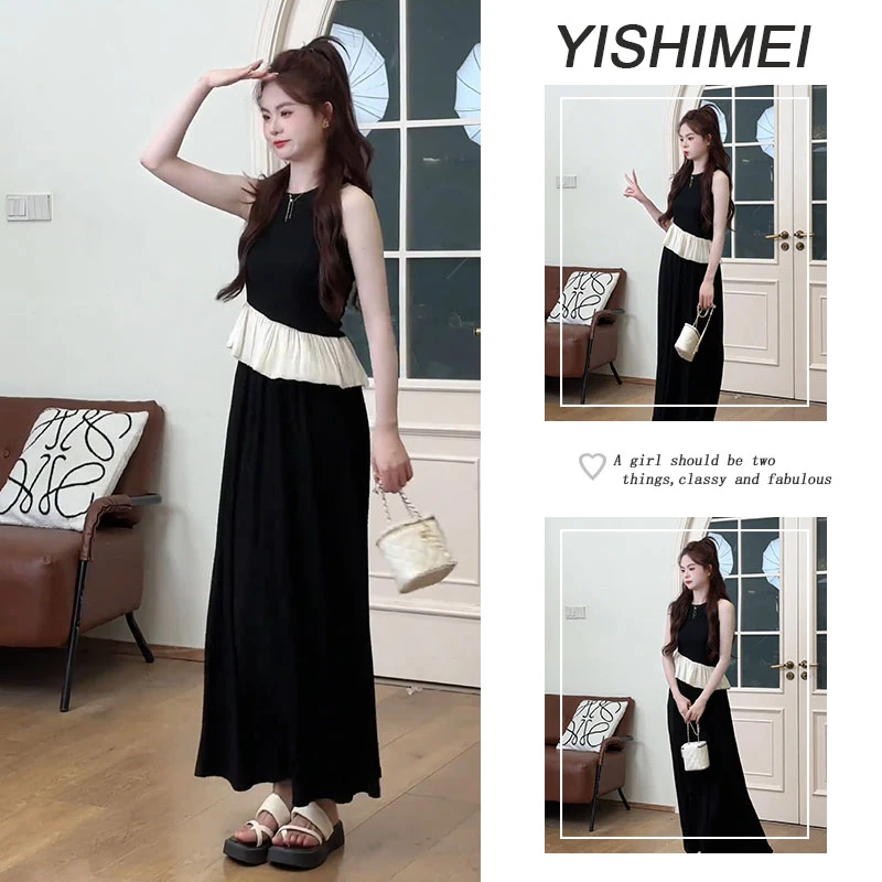 夏季温柔穿搭2025年新款韩系百搭无袖拼接上衣显瘦半身裙两件套装