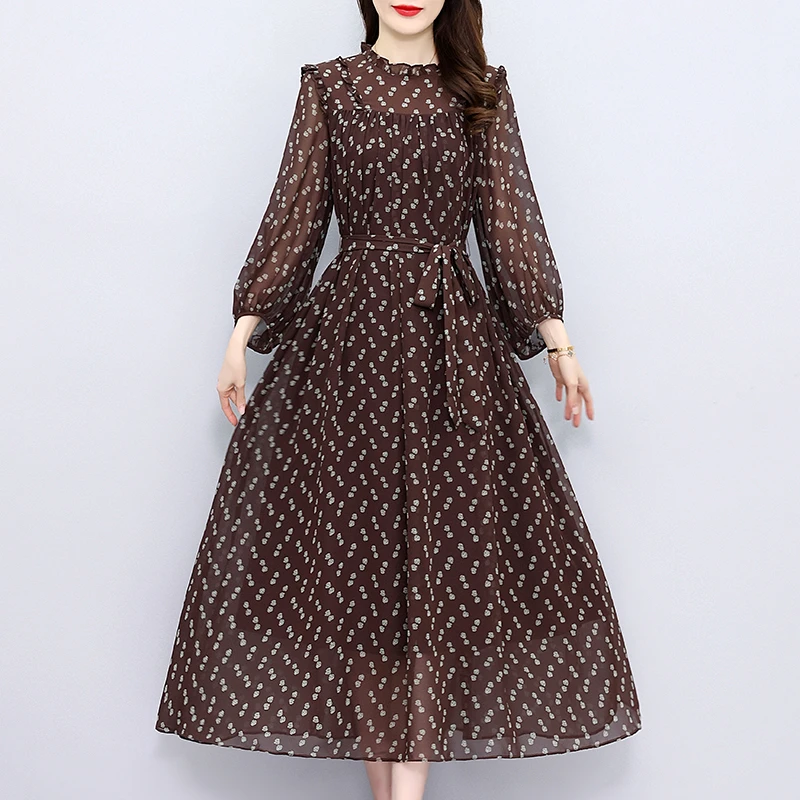 高档长袖雪纺连衣裙2025春夏长款减龄显瘦气质收腰妈妈装洋气长裙