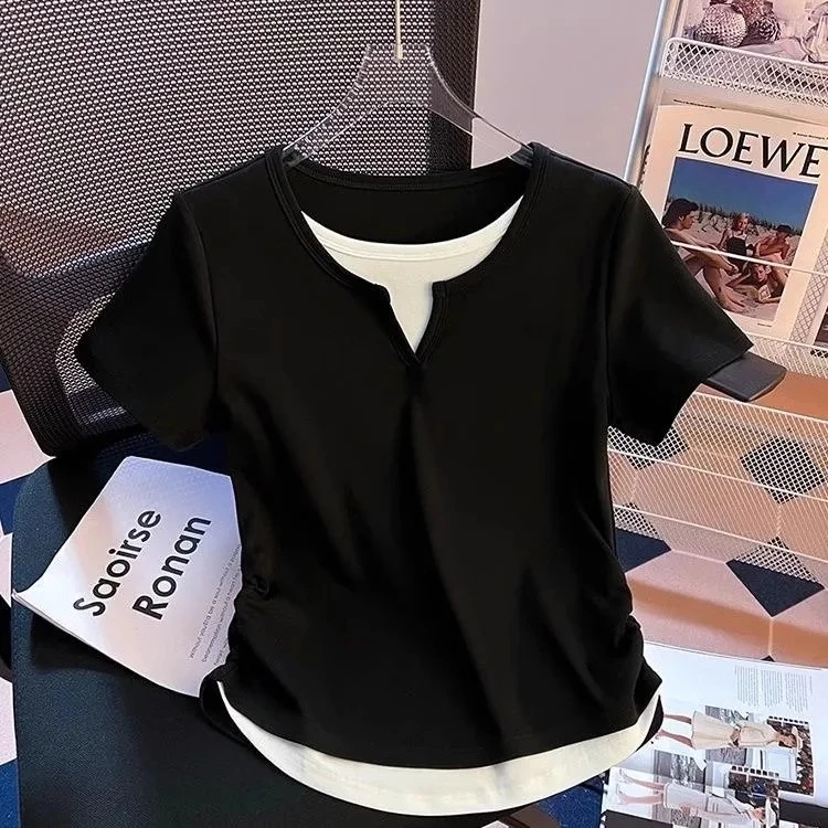 女童夏装V领假两件短袖T恤大童女孩修身收腰褶皱短款上衣儿童夏季