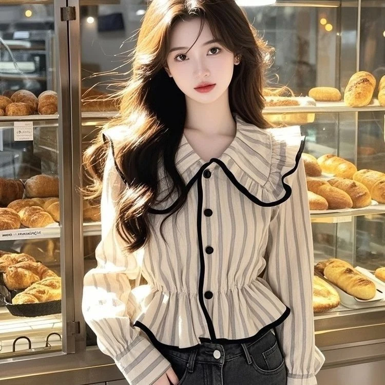 2025春季设计新款小众娃娃长袖高级时尚洋气条纹百搭衬衫上睡衣女