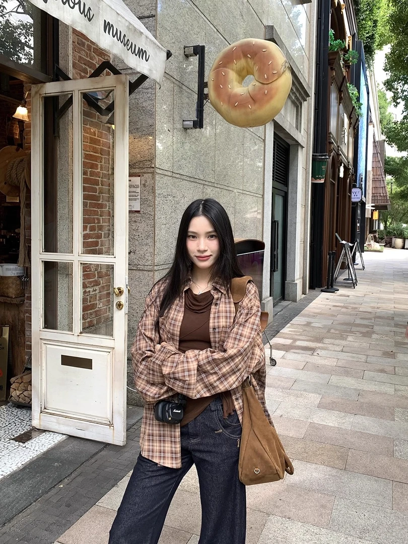 ONEXH·2025秋季宽松慵懒风韩系长袖格子衬衫女洋气休闲开衫衬衣