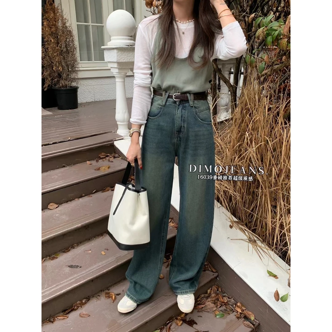 高腰阔腿裤牛仔裤女秋季韩版宽松复古垂感直筒长裤裤子宽松高腰显