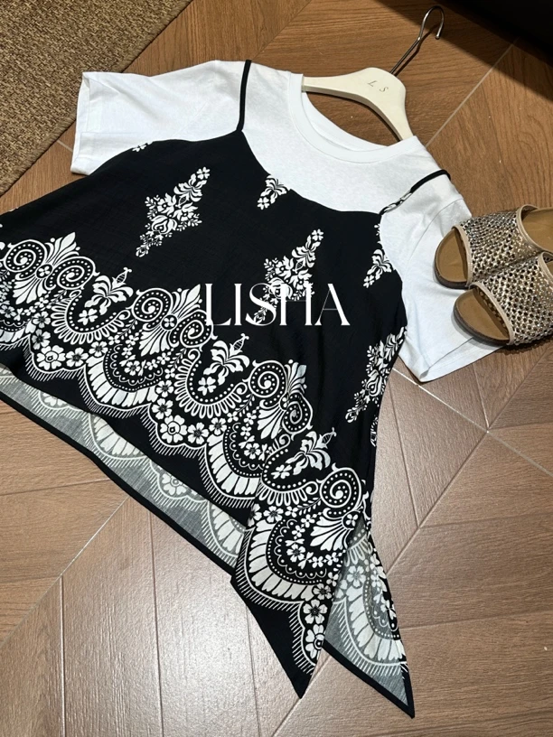 中国风印花中长款宽松薄款蕾丝吊带外穿通勤沙滩上衣