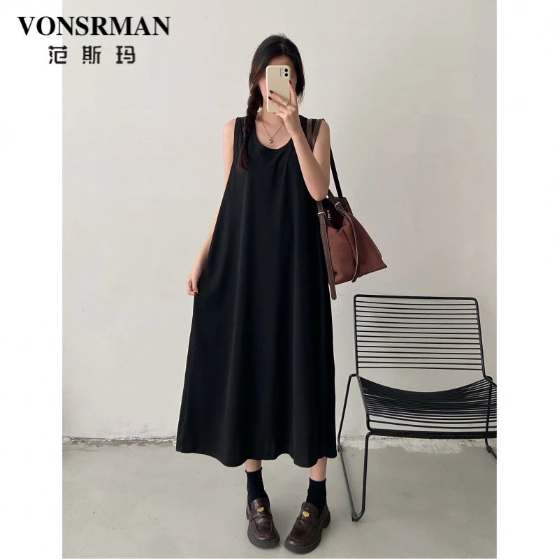 肌理感宽松U领背心裙女夏季百搭宽松垂感显瘦过膝中长款连衣裙潮