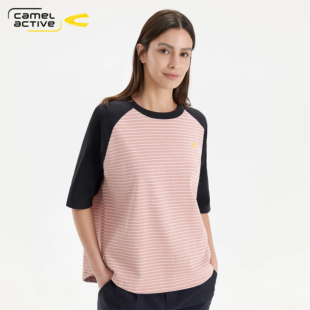 德国骆驼动感女装2025夏季新款经典条纹插肩袖七分袖休闲短袖T恤