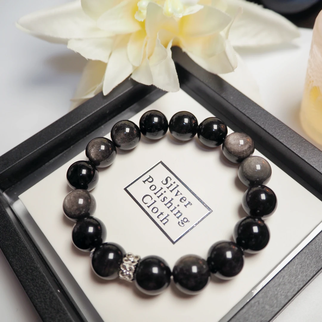 【祥止手作】天然银曜石黑曜石手串12mm男女同款情侣款