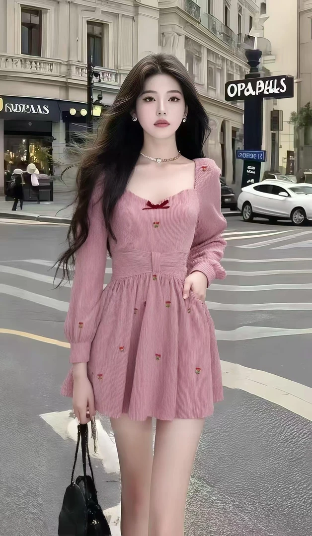 秋季新款时尚小众设计甜美千金风粉色长袖低领收腰碎花针织连衣裙