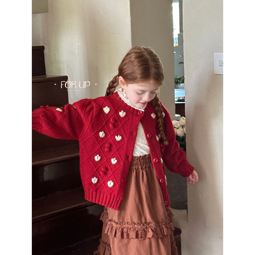 【现货】244-FU-79901甜枣红 [FOR UP]法式塔手工花朵刺绣球球毛衣