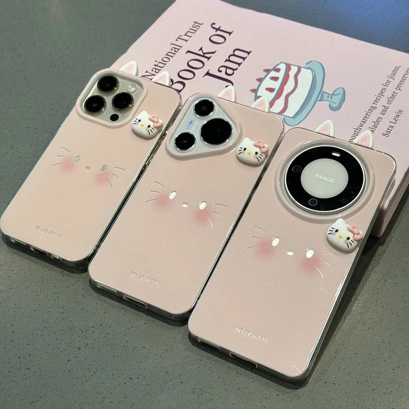 粉Kitty表情耳朵适用苹果15羽纱手机壳vivo华为oppo小米
