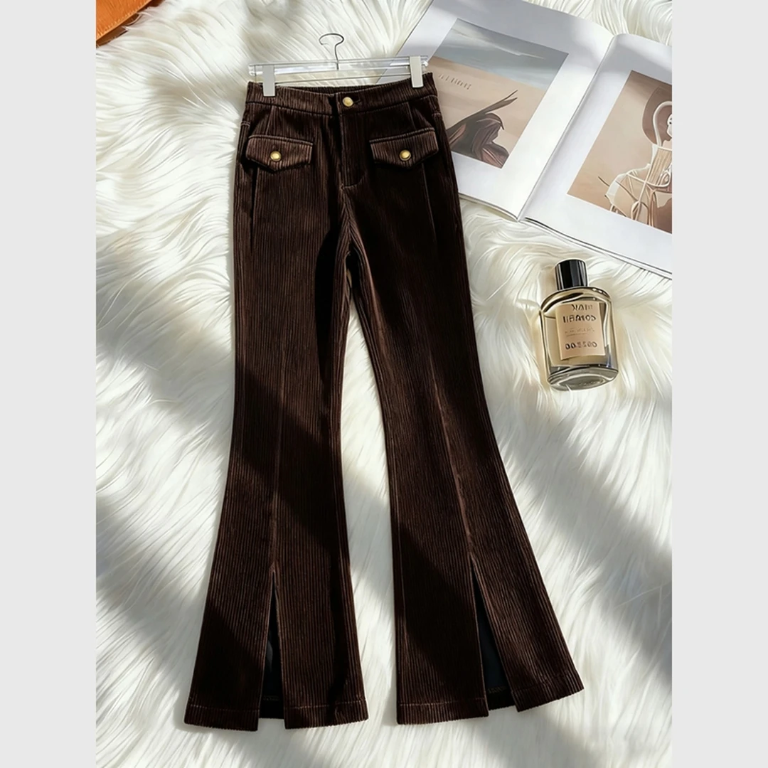 老钱风棕色灯芯绒裤子女2025新款高级感超好看显瘦气质高腰微喇裤