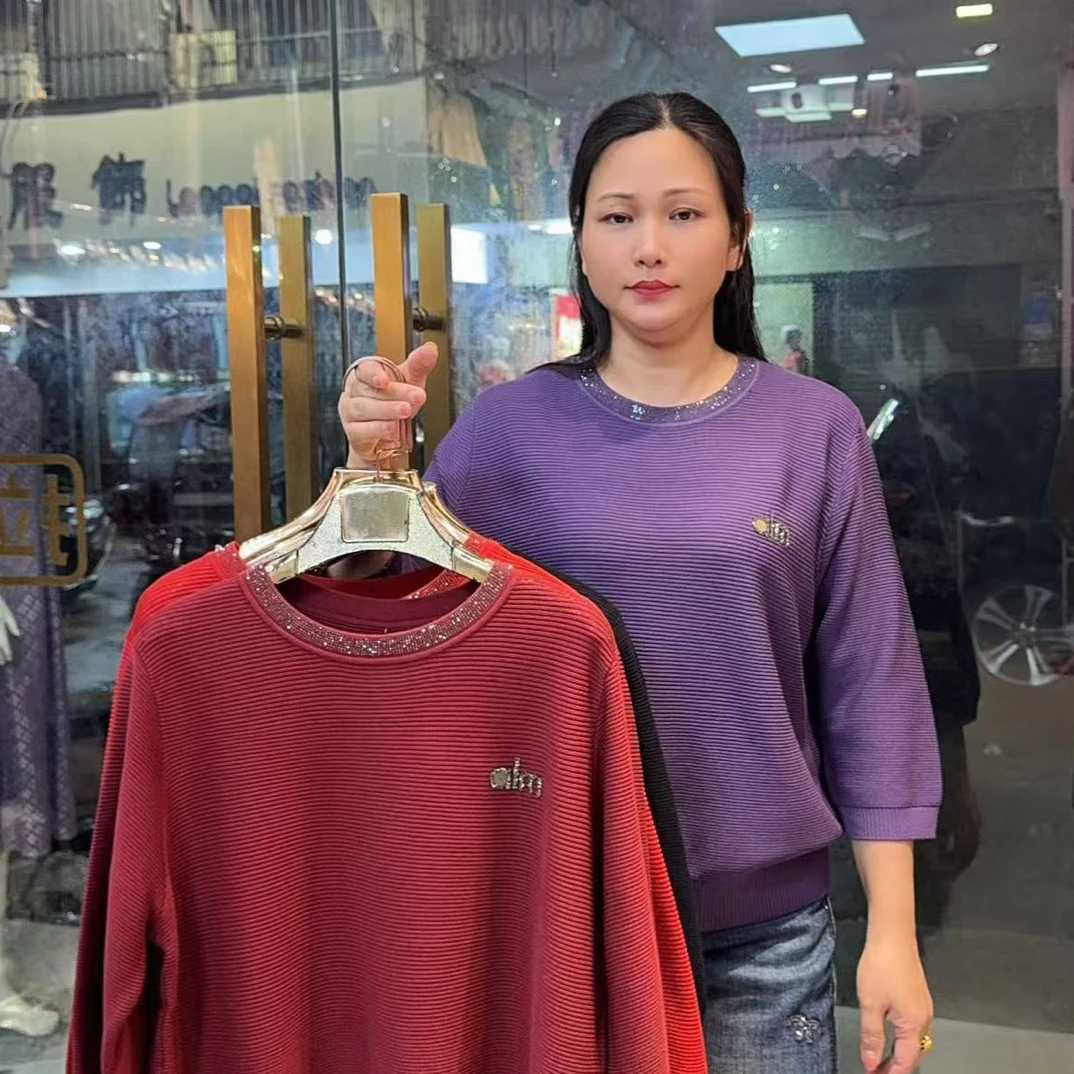 圆领针织衫纯色毛针织衫七分袖休闲针织套头通勤毛衫