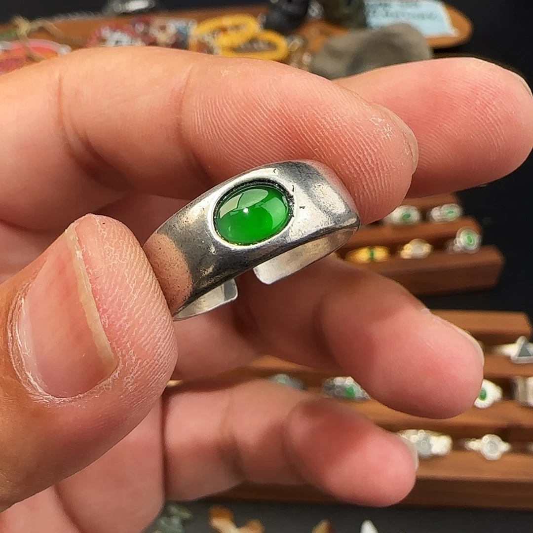 翡翠戒指银S925镶嵌花*丸