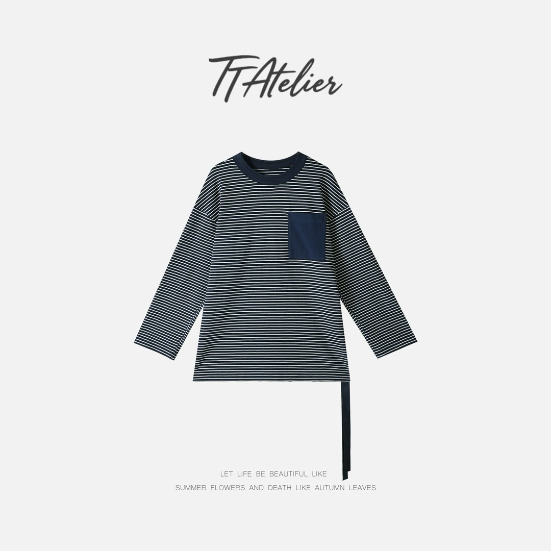 TT设计师【简叙】日系高级感开叉飘带设计条纹长袖T恤TT190800