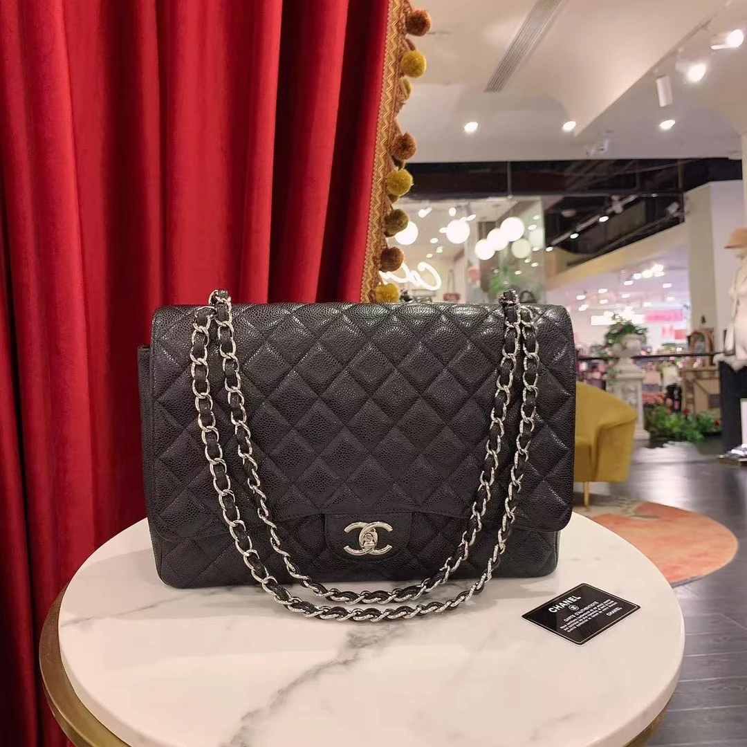 95新 Chanel/香奈儿 GGS香奈儿cf maxi黑银荔枝牛皮单肩73411274