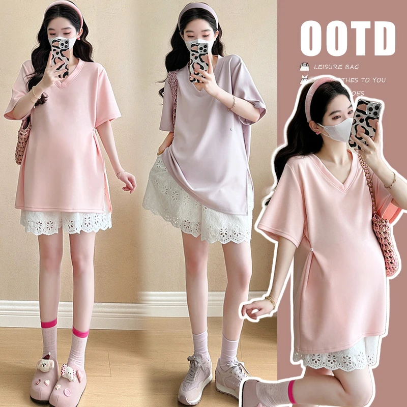 R875#5.27 夏季新款空气棉宽松休闲T恤+蕾丝短裤孕妇两件套套装