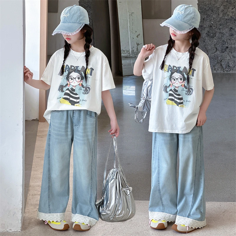女童夏季套装2025新款女大童爆款网红T恤初中生花边牛仔裤两件套
