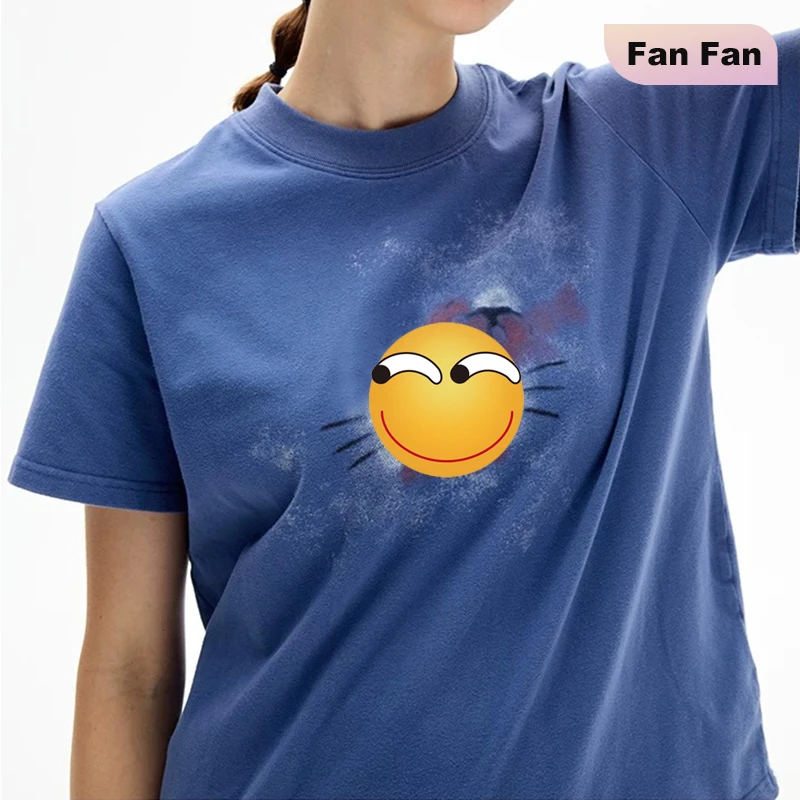 高端货~圆领休闲洋气高级蓝卡通猫咪纯棉短袖t恤女宽松显瘦上衣