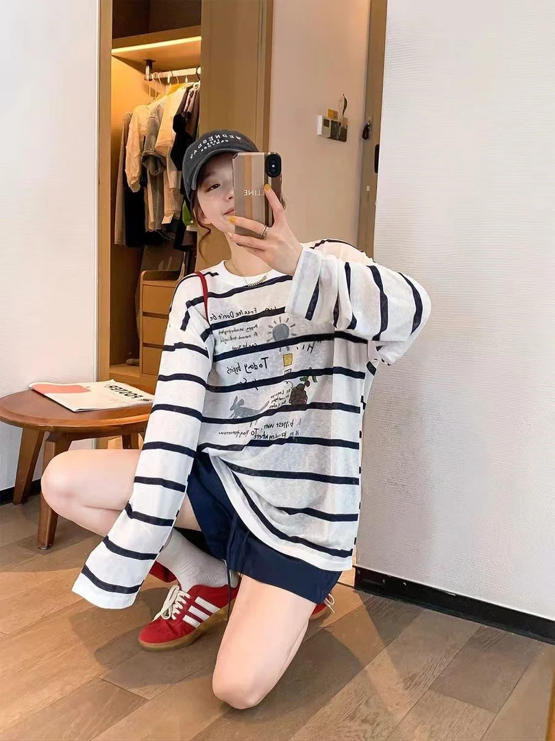 韩系防晒条纹卡通字母印花长袖T恤女2025夏季新款宽松休闲上衣