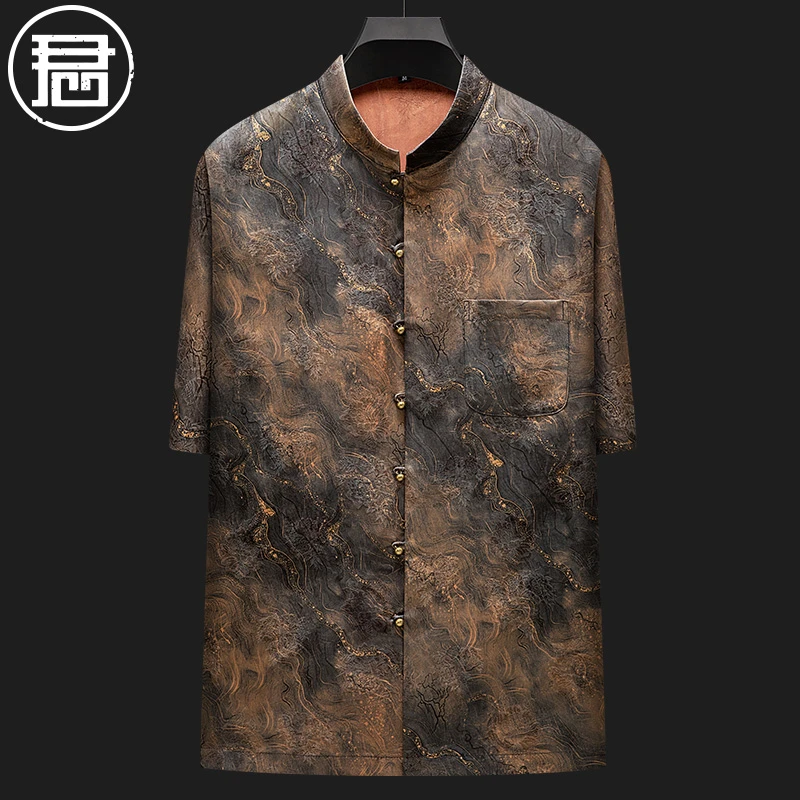 君子企鹅花萝香云纱男装短袖衬衫中年爸爸中式立领爽滑真丝唐装夏