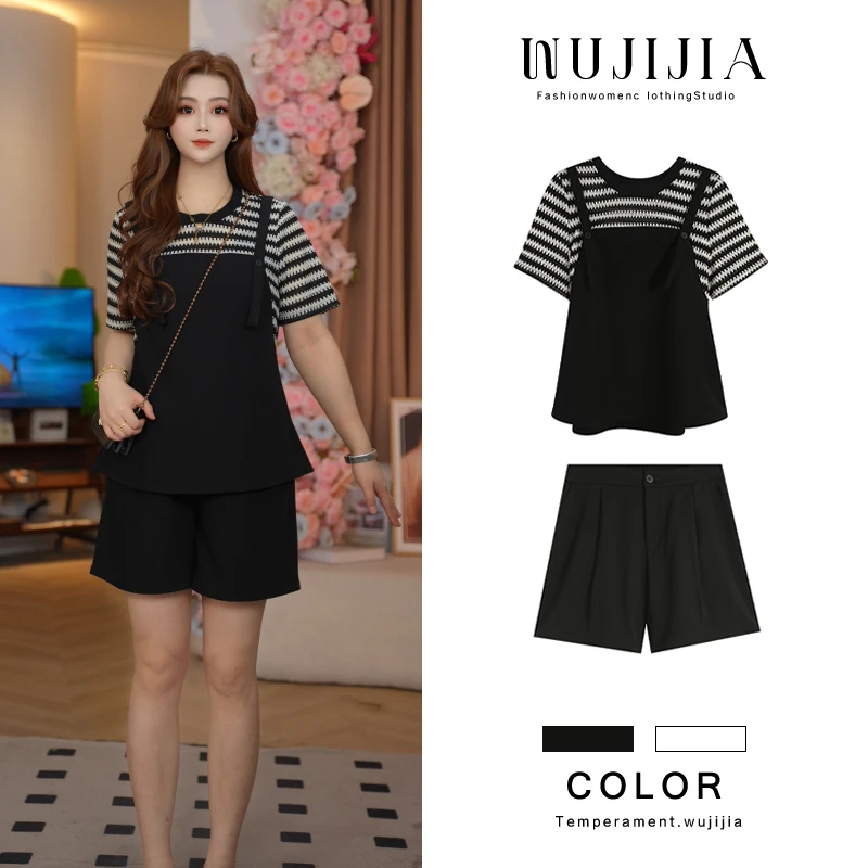 五季家大码女装上衣套装夏季时尚减龄显瘦休闲黑色两件套ZL106007