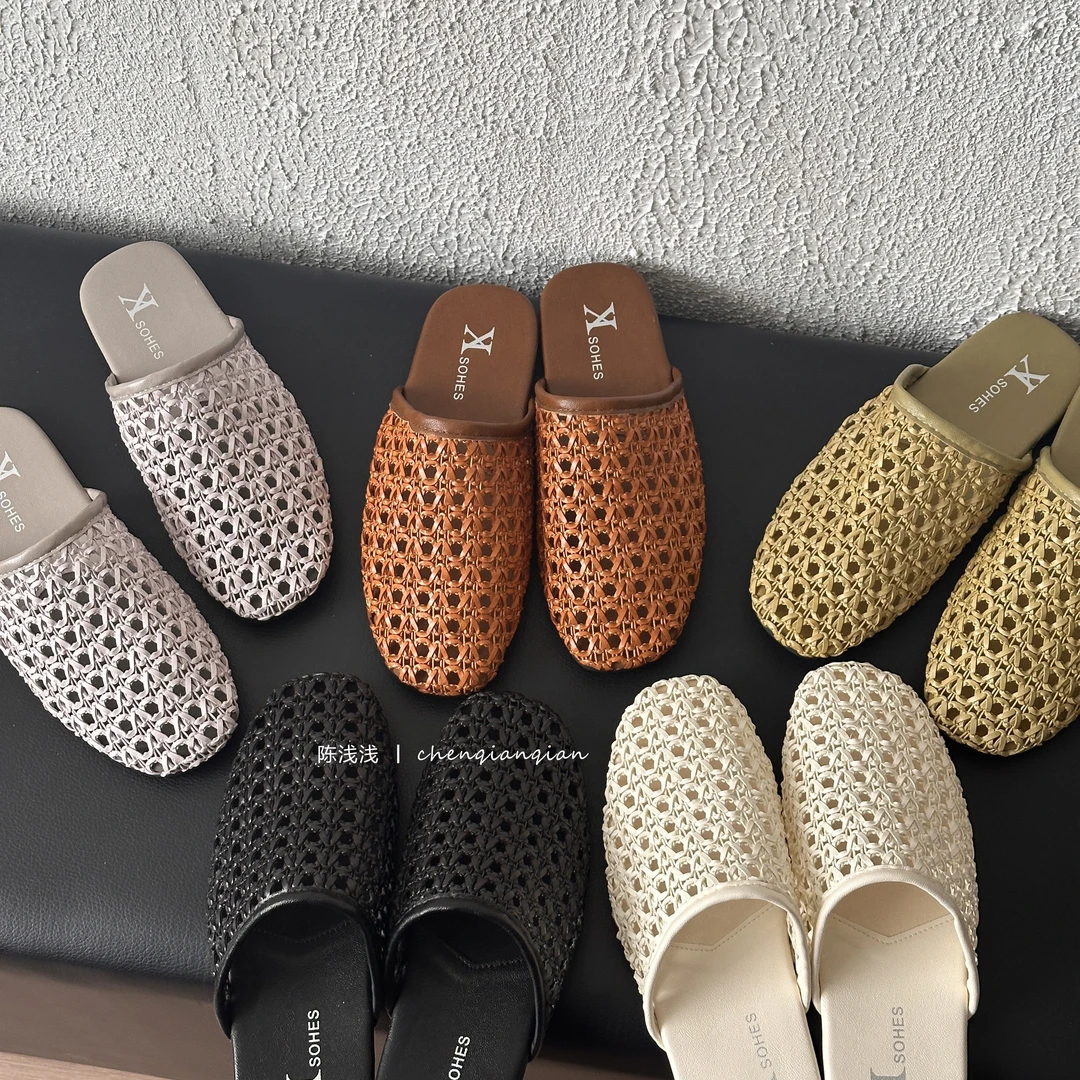 夏季外穿文艺复古包头拖编织修面平跟包头防滑镂空大牌设计感拖鞋