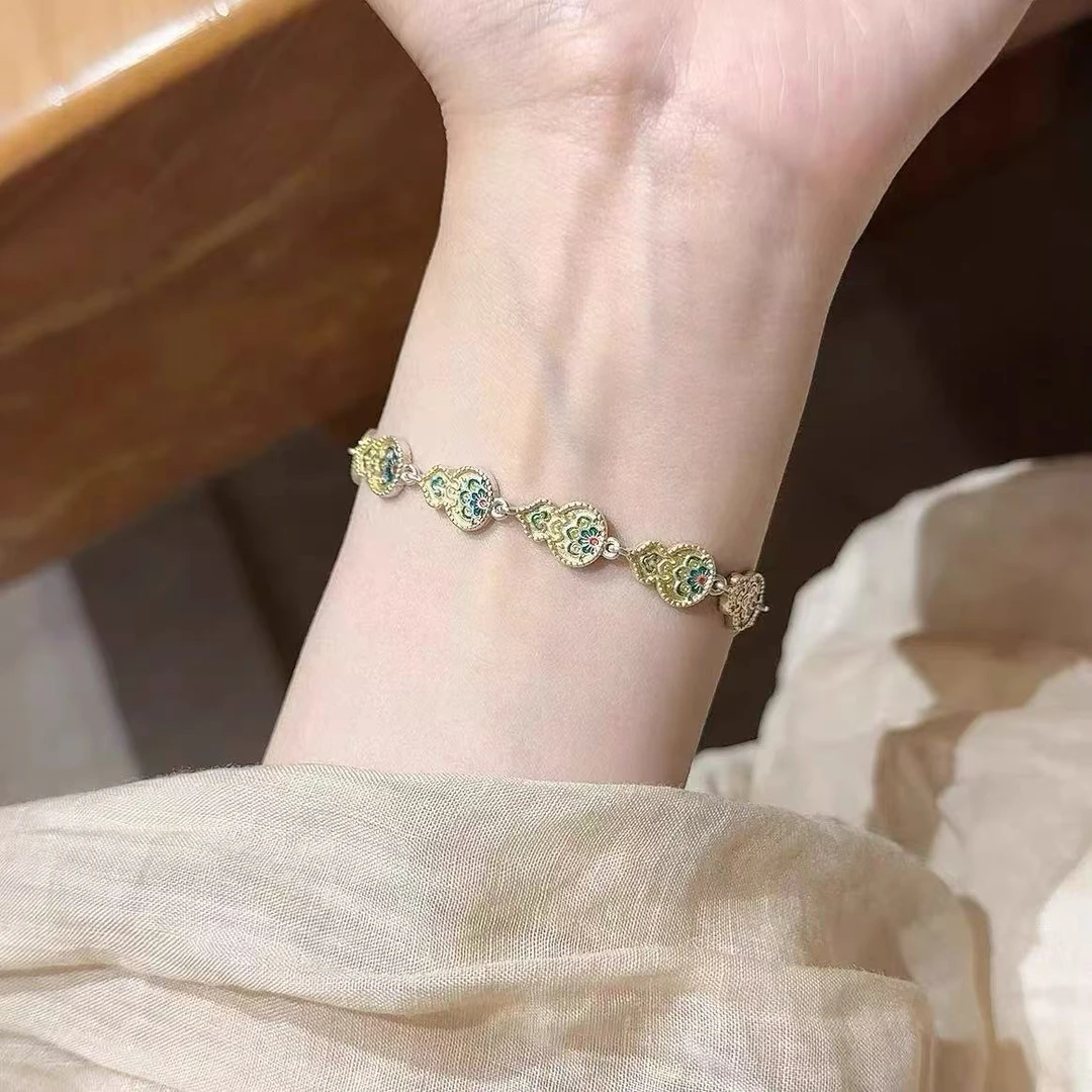 足银手链 葫芦宝相花足银手链新中式描金气质重工款式