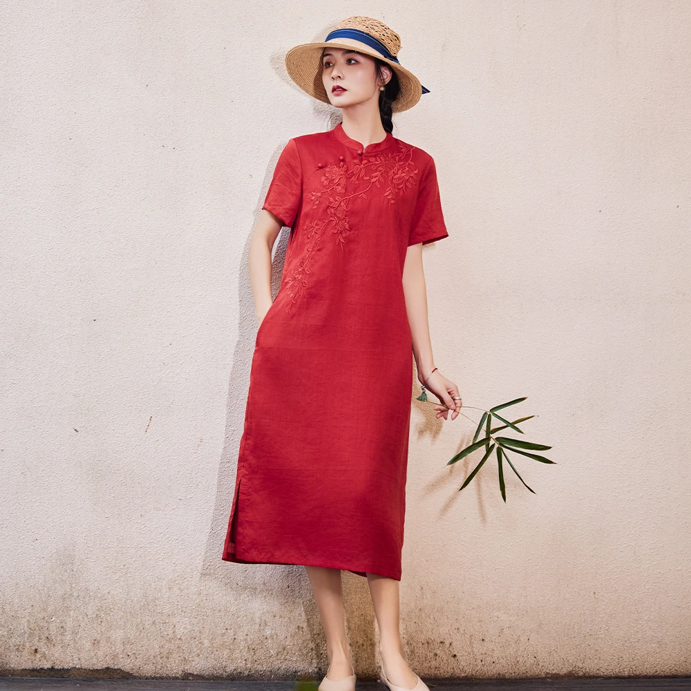 高考送考改良旗袍高端苎麻重工刺绣红色中国风喜庆连红色送考改良