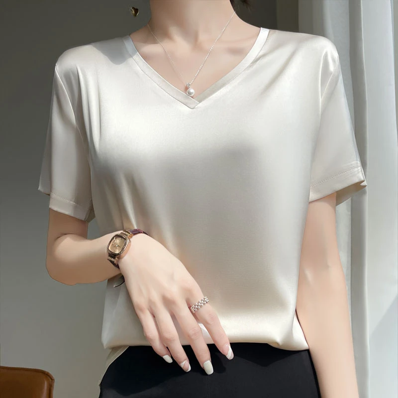 夏季新款】缎面V领圆领T恤短袖缎面时尚女上衣夏季百搭打底洋气