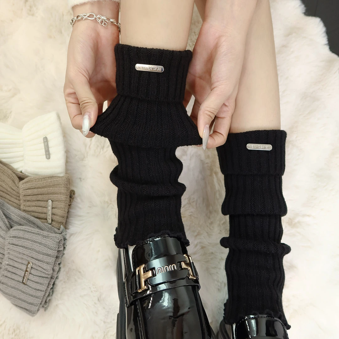 金属标显瘦秋冬针织纯色袜套白色腿袜日系少女保暖腿套双针堆堆袜