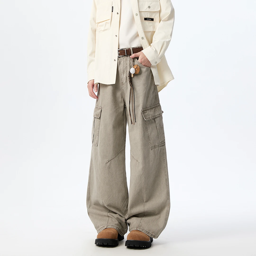 2025秋冬新款美式高街重磅纯棉拼接工装裤男女宽松百搭直筒休闲裤