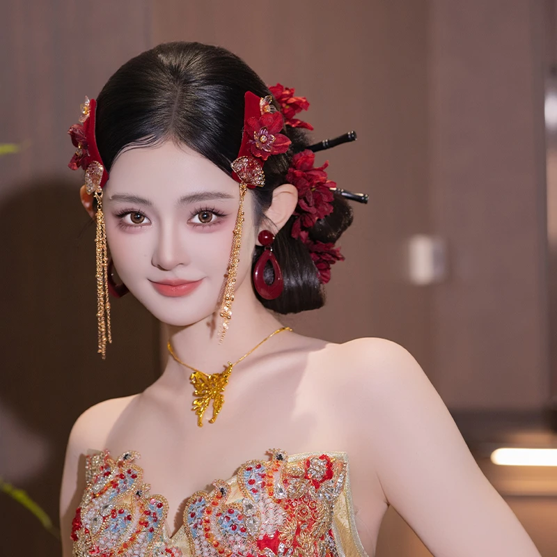 非金属布艺婚庆饰品 新娘酒红色头饰中式金色流苏旗袍配饰MT2572