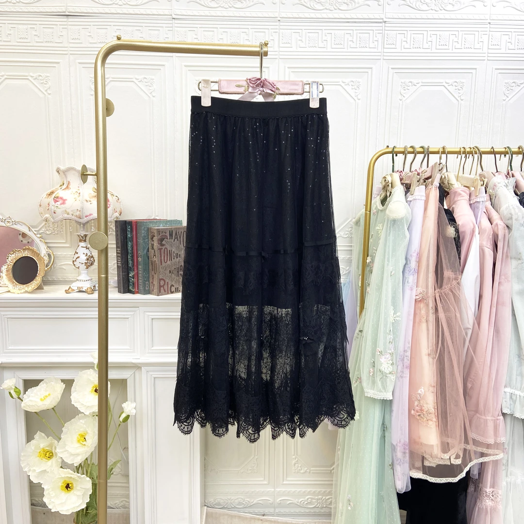 半身裙黑色蕾丝拼接中长裙a字裙ans3318