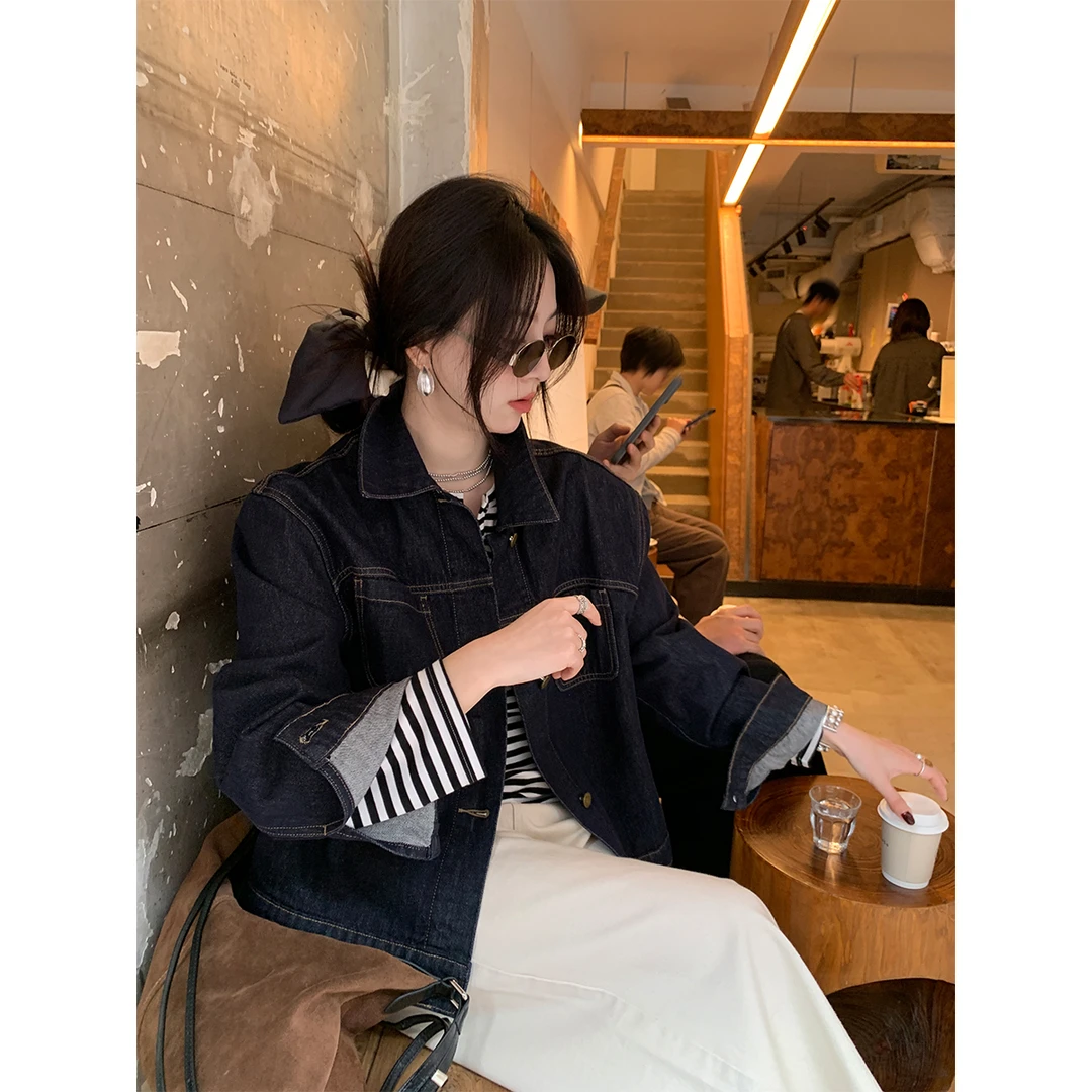 夏诗文 全棉活性染色翻领长袖宽松牛仔外套上衣女春