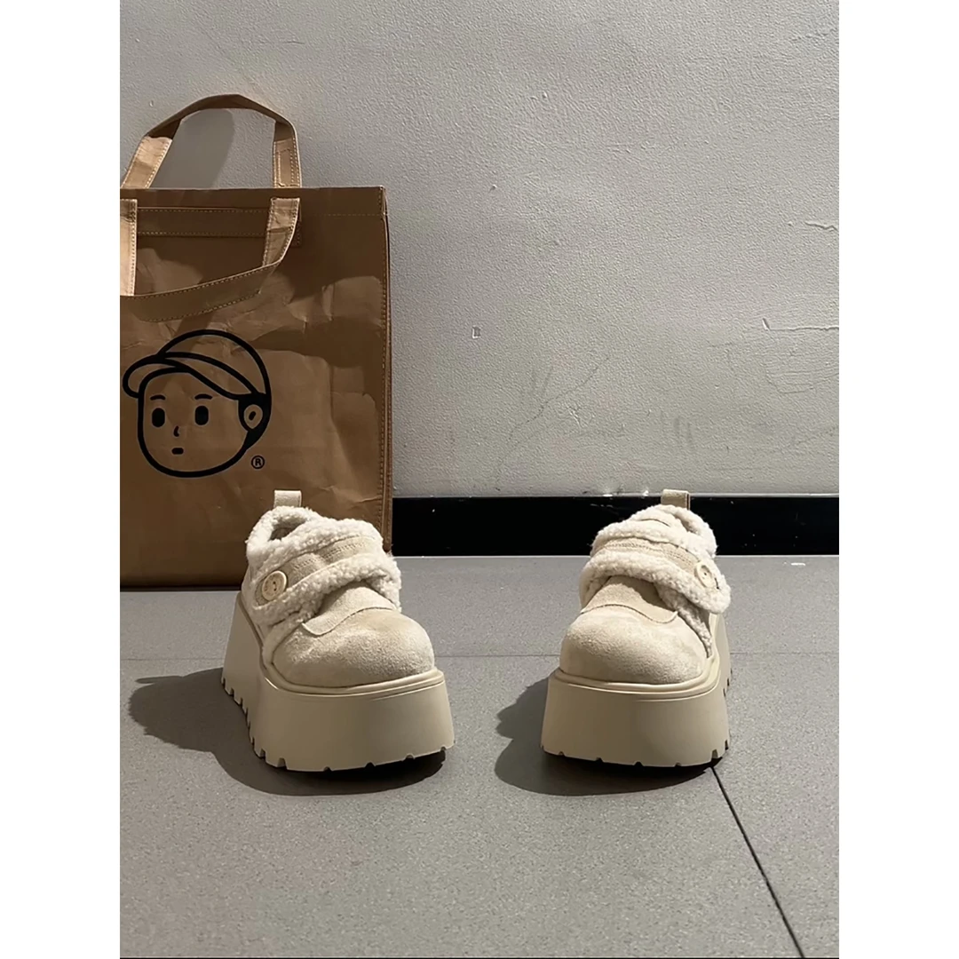 白色复古增高厚底加绒雪地棉鞋女冬2025新款加厚保暖毛毛勃肯鞋子