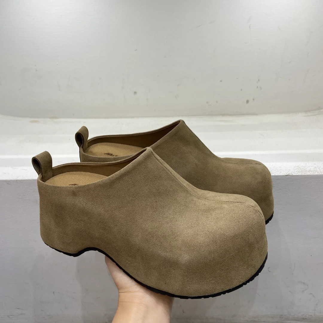 松糕底包头平跟包头拖中跟厚底米色坡跟尖头杏色圆头高帮方头