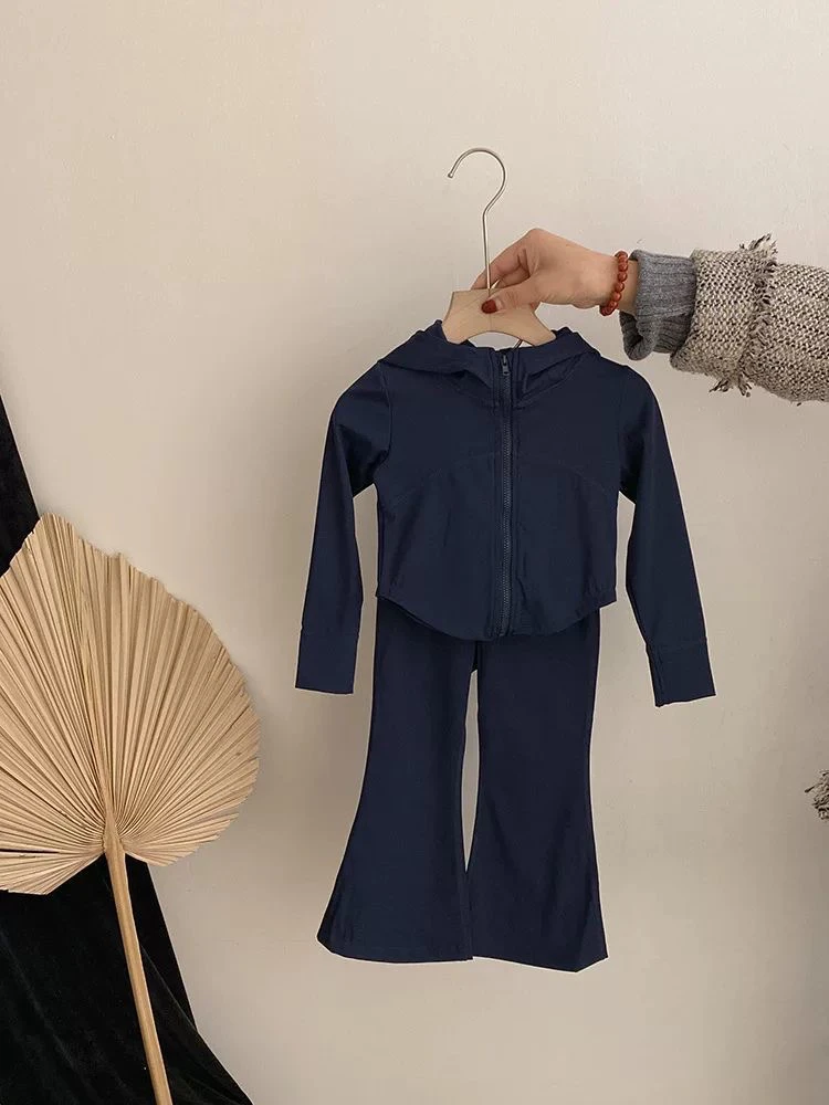 韩版童装女童时尚百搭连帽外套2025春夏新款洋气喇叭裤瑜伽服套装