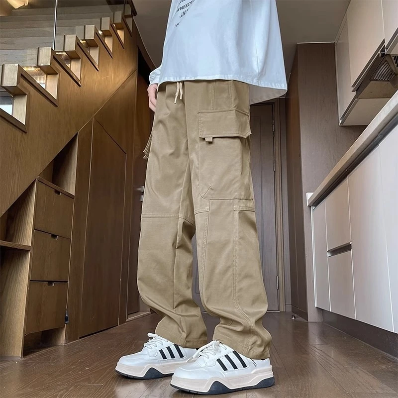 卡其色工装裤男生春夏2025新款宽松直筒纯棉立体裤头休闲裤男款