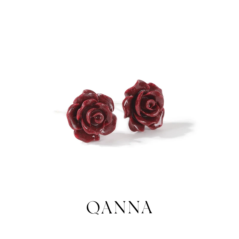 含辰砂工艺品QANNA【福利】天然朱砂玫瑰花耳钉10mmBL