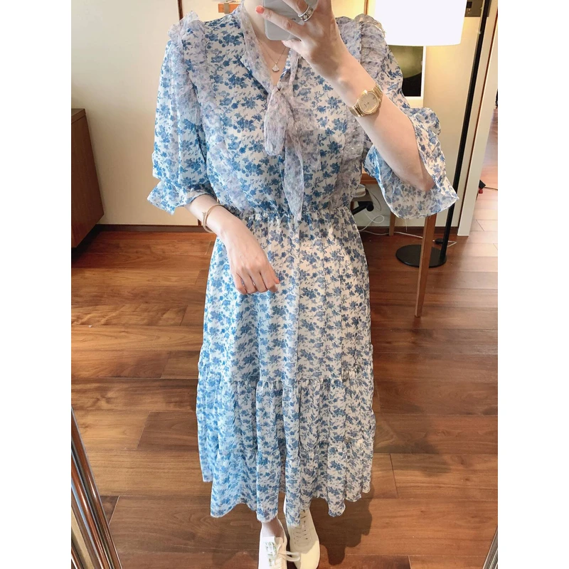 【张静芝】蓝色碎花拼网纱花边连衣裙