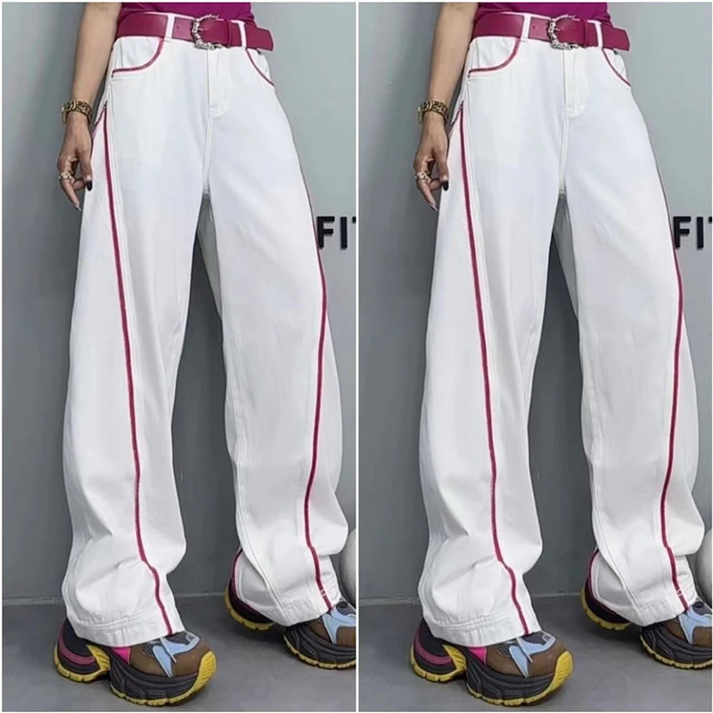 2025夏季新款阔腿牛仔裤女时尚宽松百搭直筒高腰弯刀休闲裤-1185