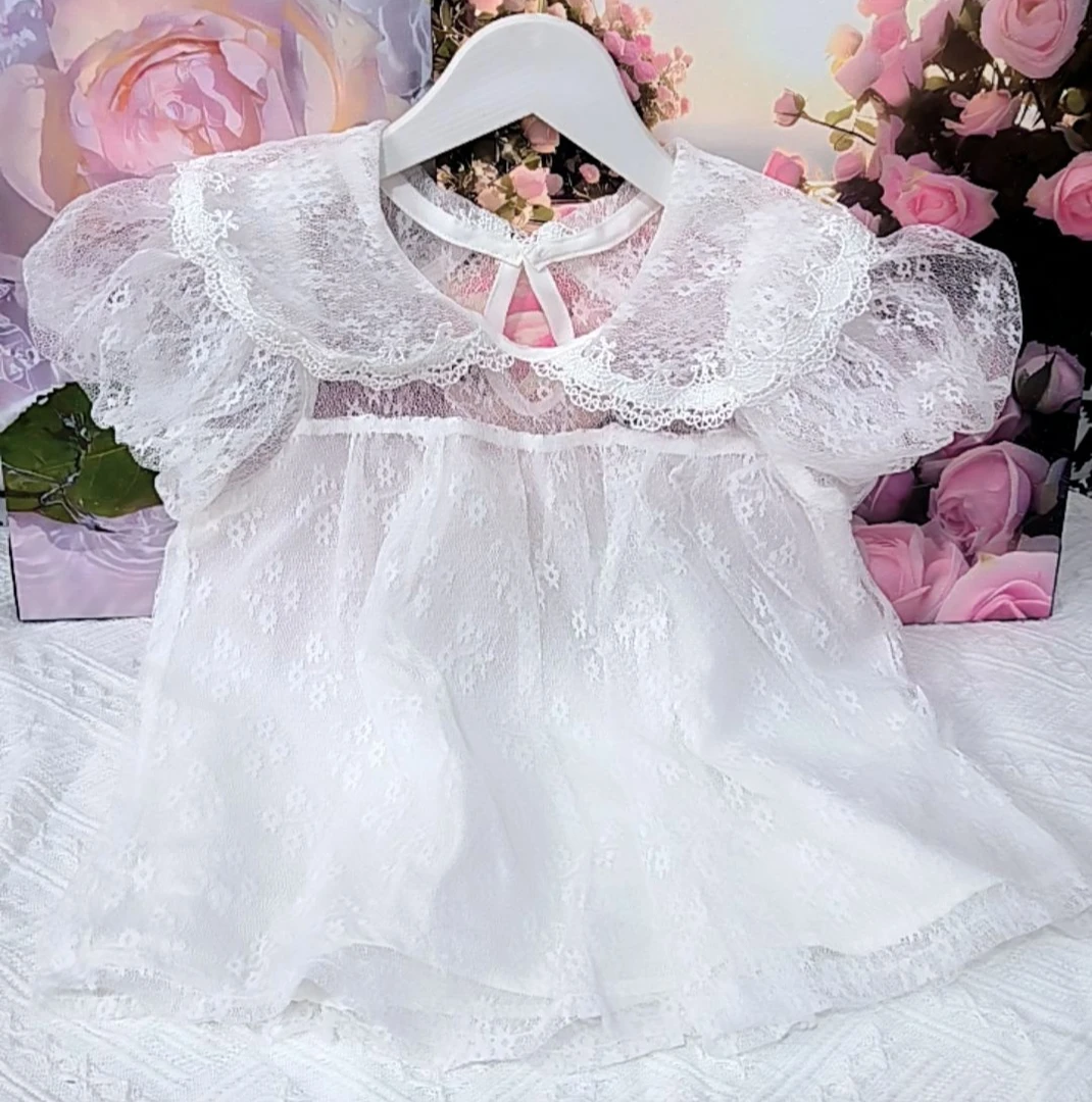 女童夏款蕾丝打底娃娃衫洛丽塔打底童心大领打底衫纯白短袖