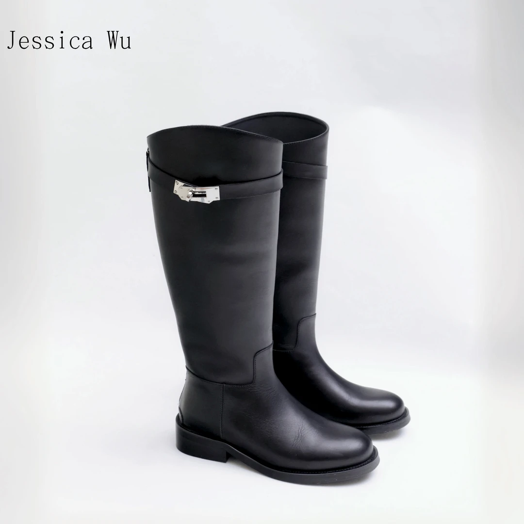 JESSICA WU亮面皮革及膝侧边金属搭扣装饰筒靴257215015